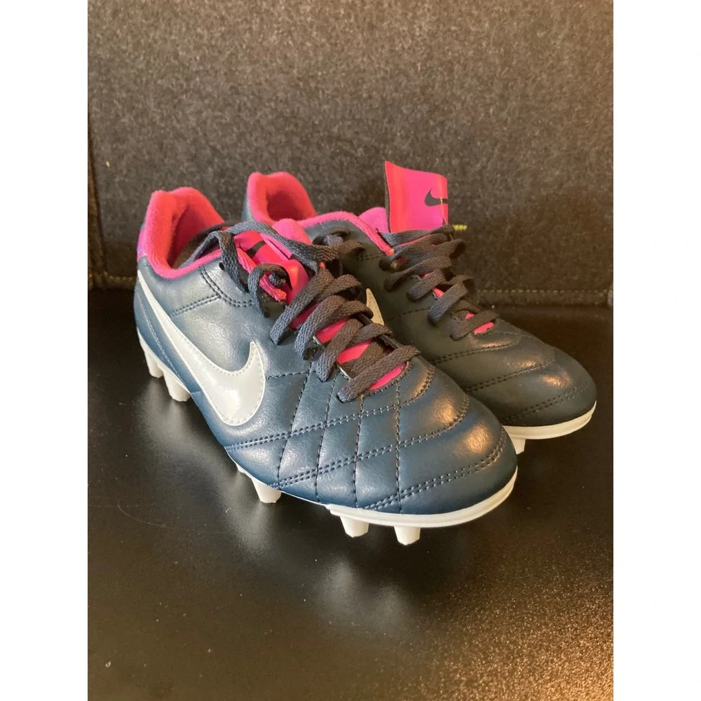 Nike‎ Tiempo Natural IV FG Soccer Cleats Navy Pink Kids US 6Y 524939-400 EUC